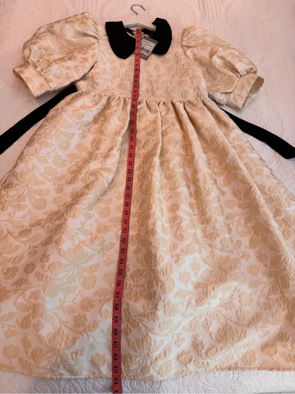 Sister Jane Jacquard Puff Sleeve Dress Black Satin Peter Pan Collar & Ribbon NWT - Picture 12 of 16